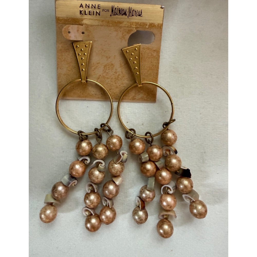 Vintage Anne Klein Neiman Marcus Gold Hoop Shell Bead Drop Earrings 18KT GF Post